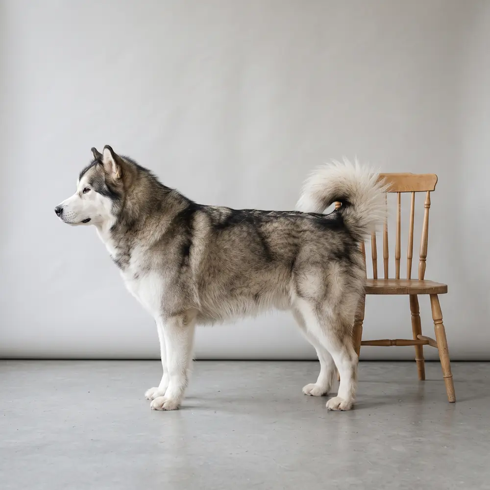 Illustration of a Alaskan Malamute: grown, about 32–43 kg. Not a photograph of a puppy for sale.