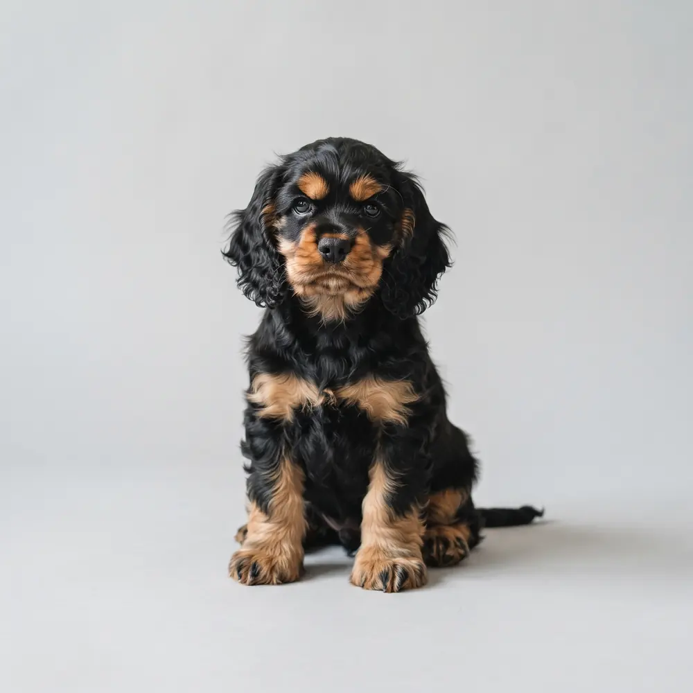 Illustration of a American Cocker Spaniel: black & tan coat. Not a photograph of a puppy for sale.