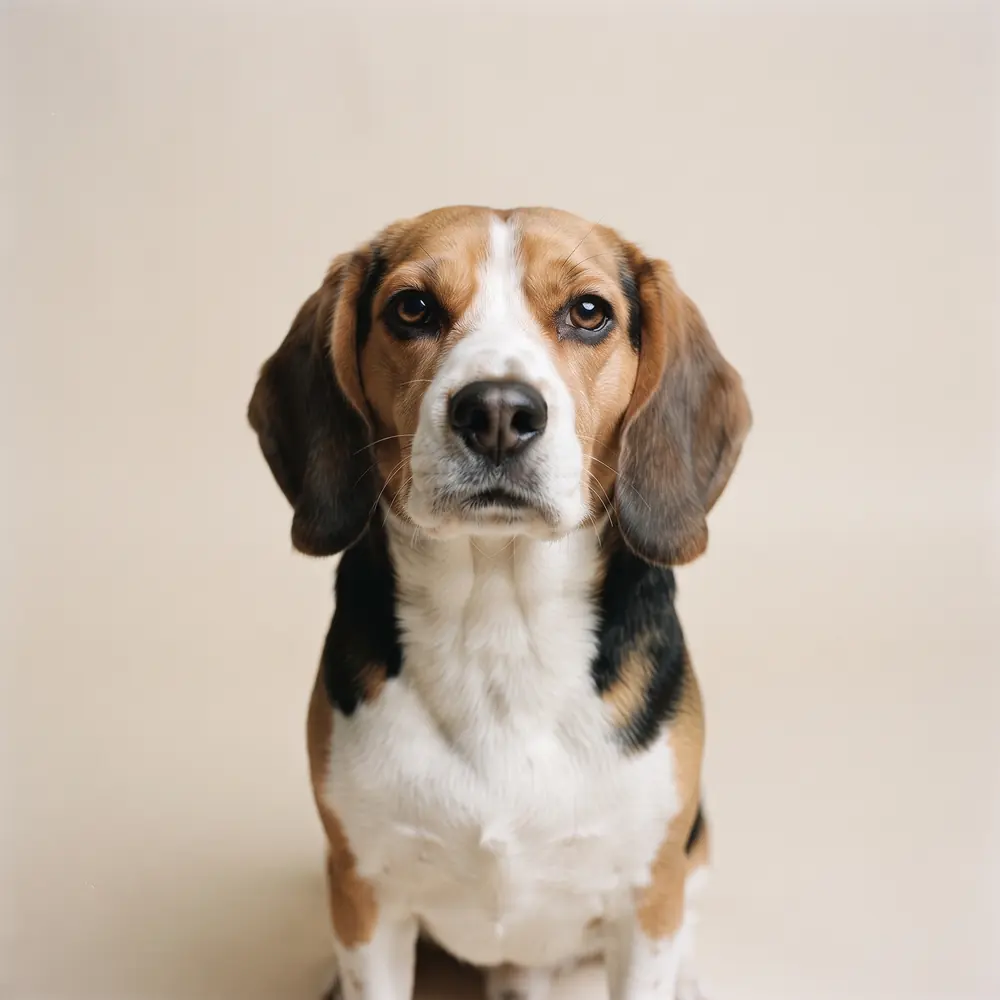 Illustration of a Beagle: head, ears and muzzle up close. Not a photograph of a puppy for sale.