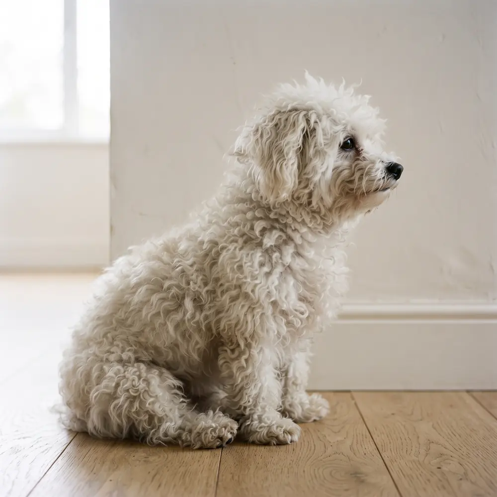 Illustration of a Bichon Frise: the coat between grooms. Not a photograph of a puppy for sale.