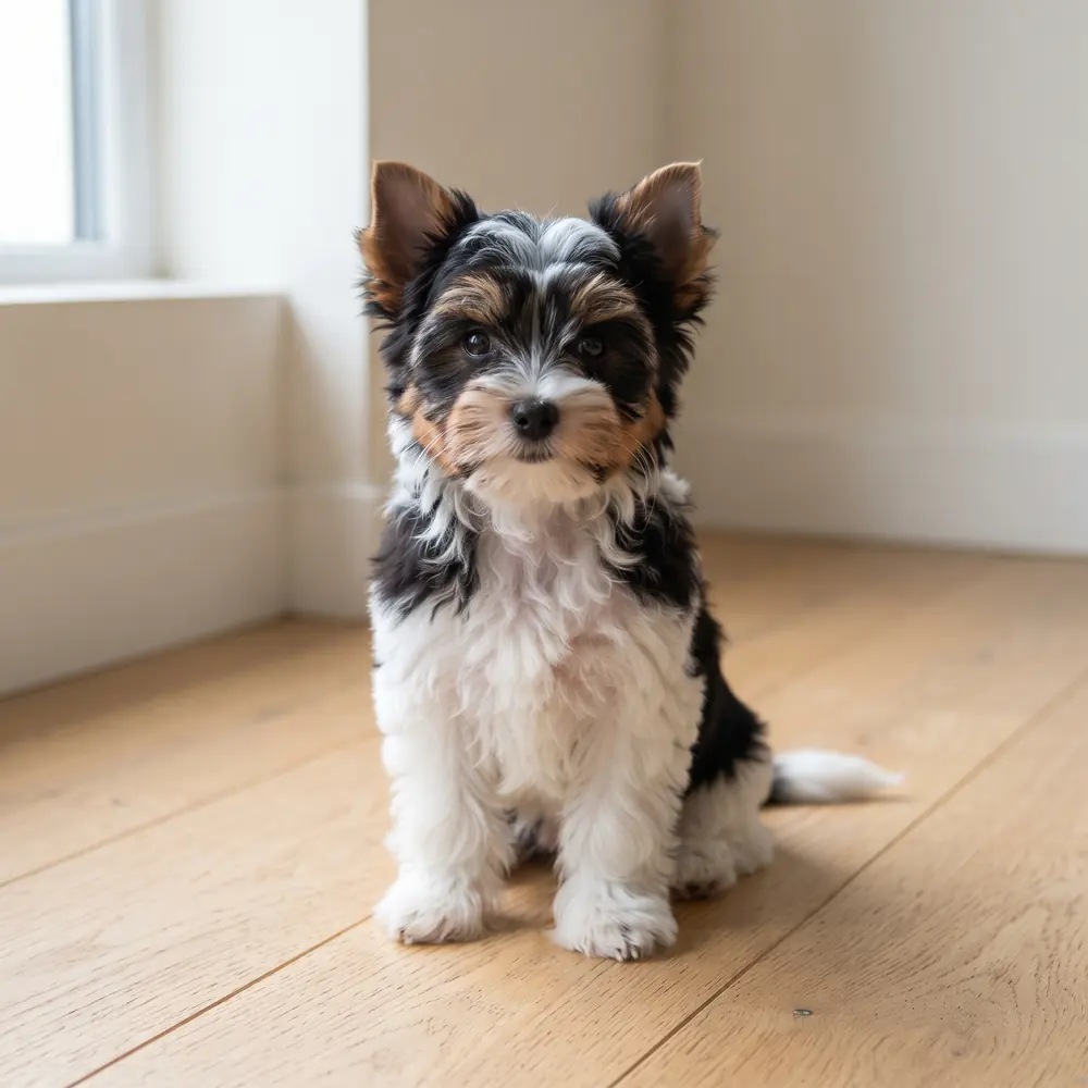 Illustration of a Biewer Terrier: black white & tan coat. Not a photograph of a puppy for sale.