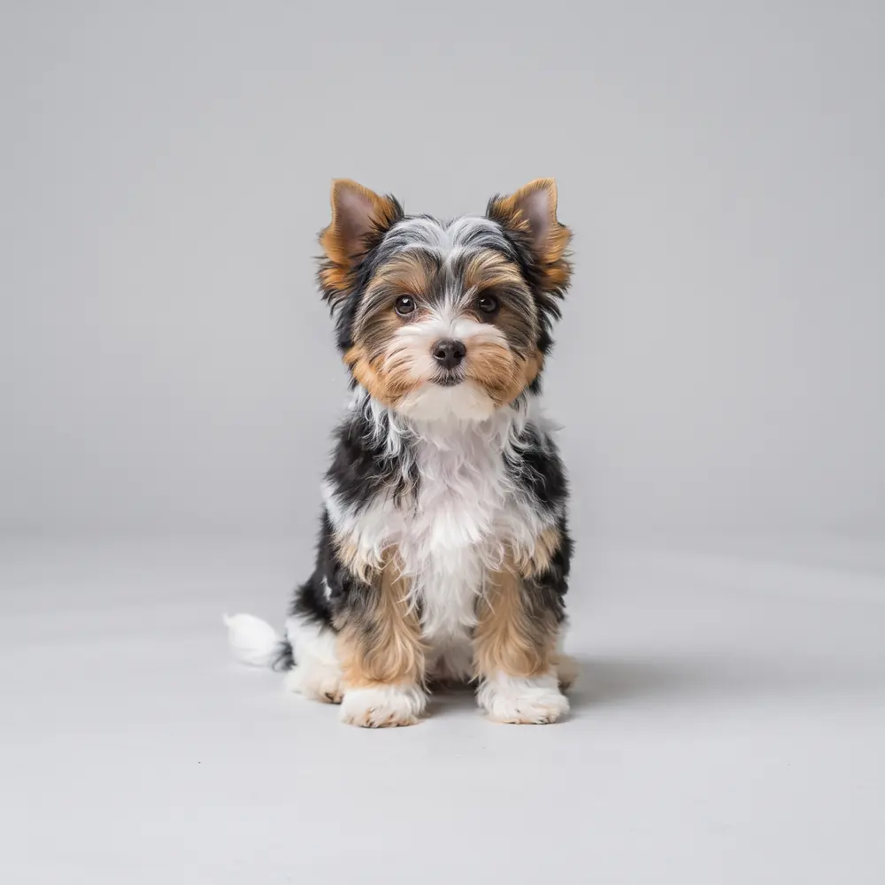 Illustration of a Biewer Terrier: blue white & gold coat. Not a photograph of a puppy for sale.