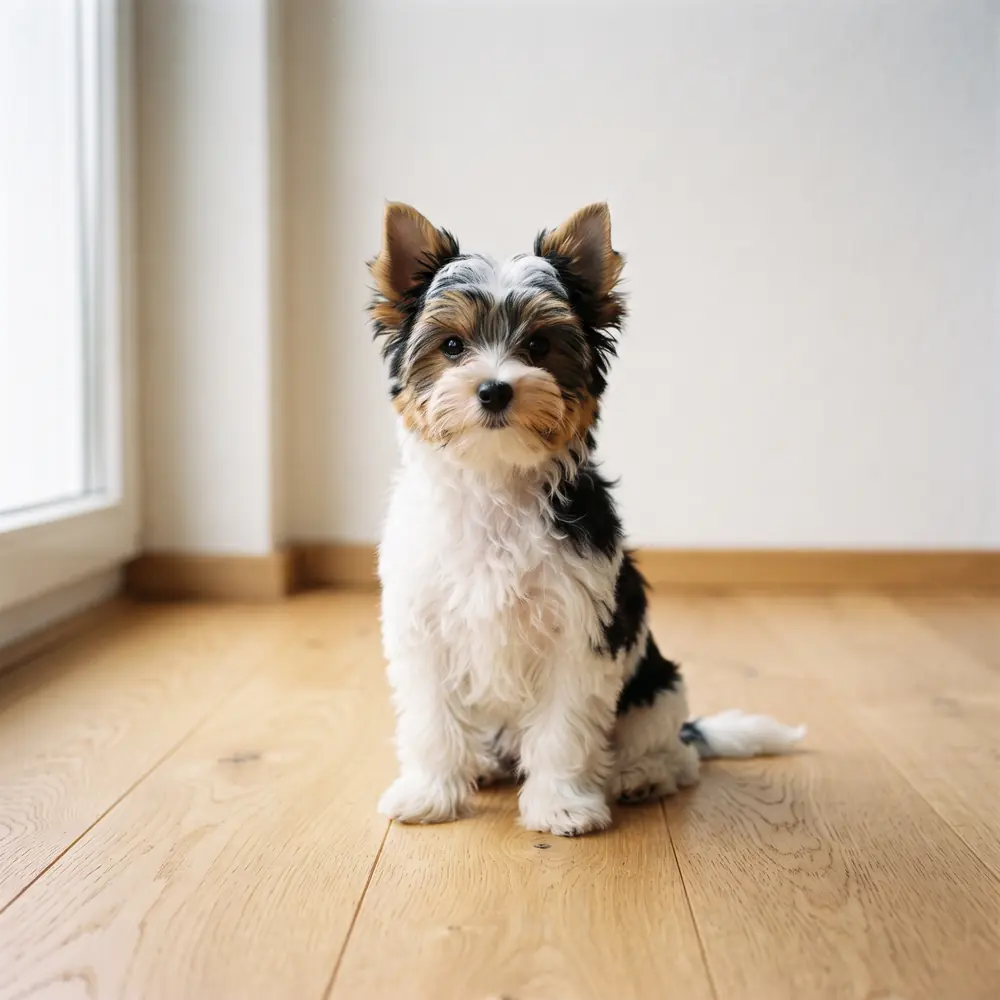 Illustration of a Biewer Terrier: piebald coat. Not a photograph of a puppy for sale.