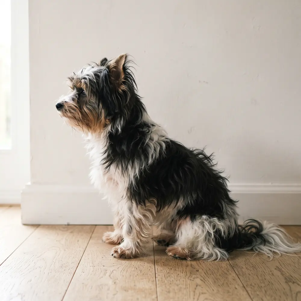 Illustration of a Biewer Terrier: the coat between grooms. Not a photograph of a puppy for sale.