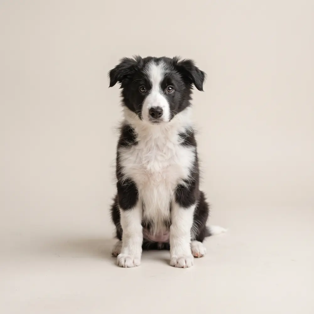 Illustration of a Border Collie: black & white coat. Not a photograph of a puppy for sale.