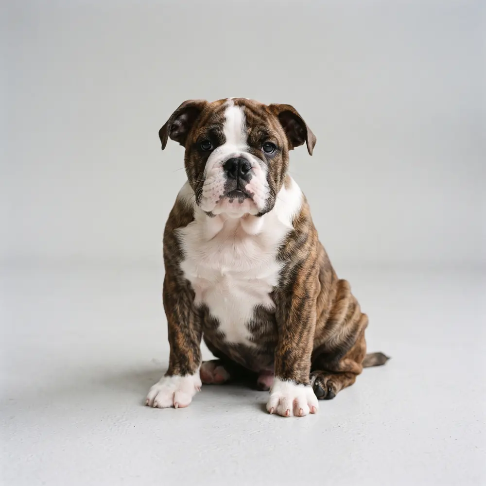 Illustration of a British Bulldog: brindle & white coat. Not a photograph of a puppy for sale.