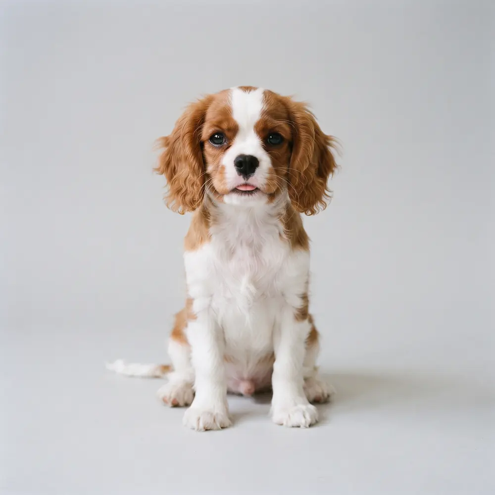 Illustration of a Cavalier King Charles Spaniel: blenheim coat. Not a photograph of a puppy for sale.