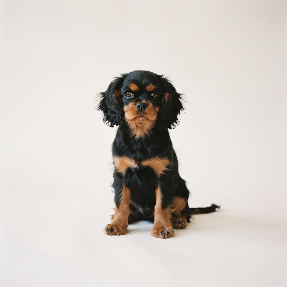 Illustration of a Cavalier King Charles Spaniel: black & tan coat. Not a photograph of a puppy for sale.