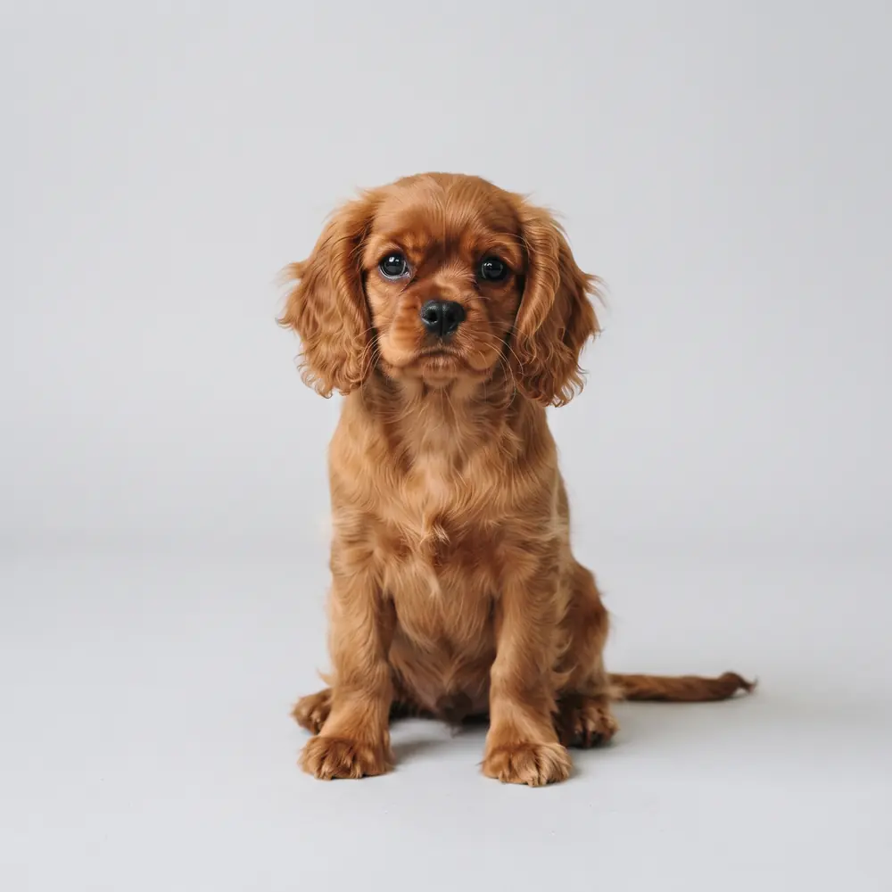 Illustration of a Cavalier King Charles Spaniel: ruby coat. Not a photograph of a puppy for sale.