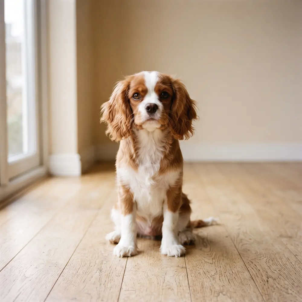 Illustration of a Cavalier King Charles Spaniel: chestnut & white coat. Not a photograph of a puppy for sale.