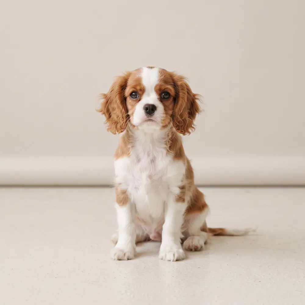 Illustration of a Cavalier King Charles Spaniel: blenheim coat. Not a photograph of a puppy for sale.