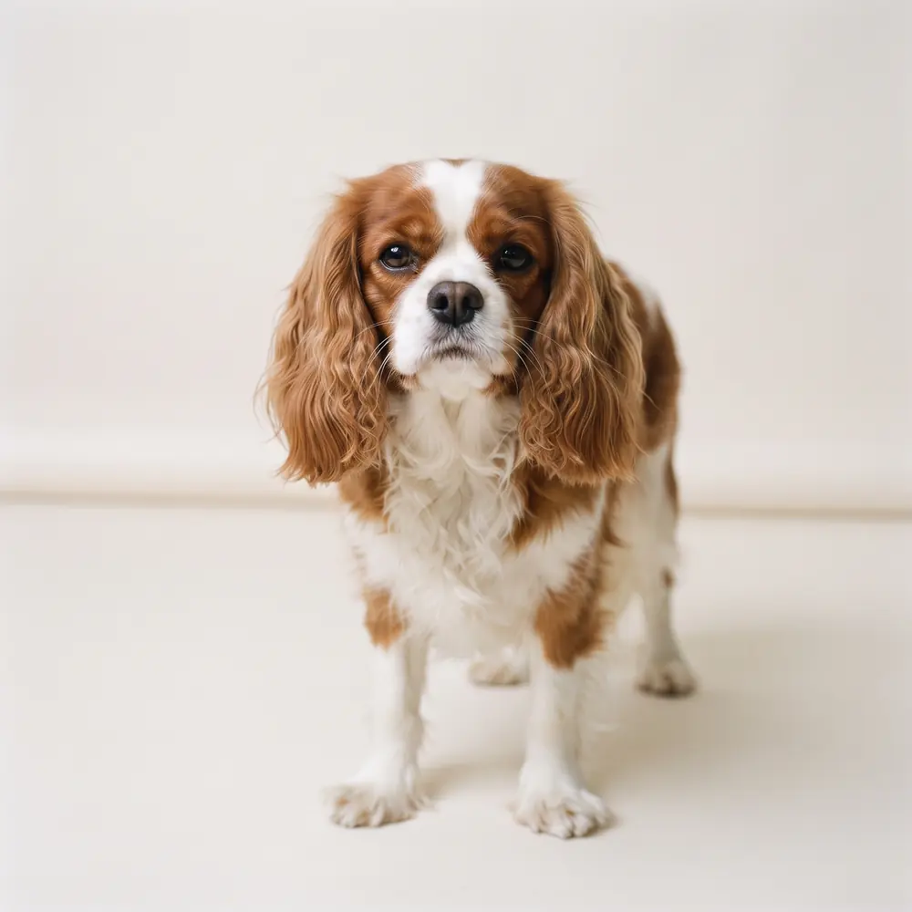 Illustration of a Cavalier King Charles Spaniel: head, ears and muzzle up close. Not a photograph of a puppy for sale.