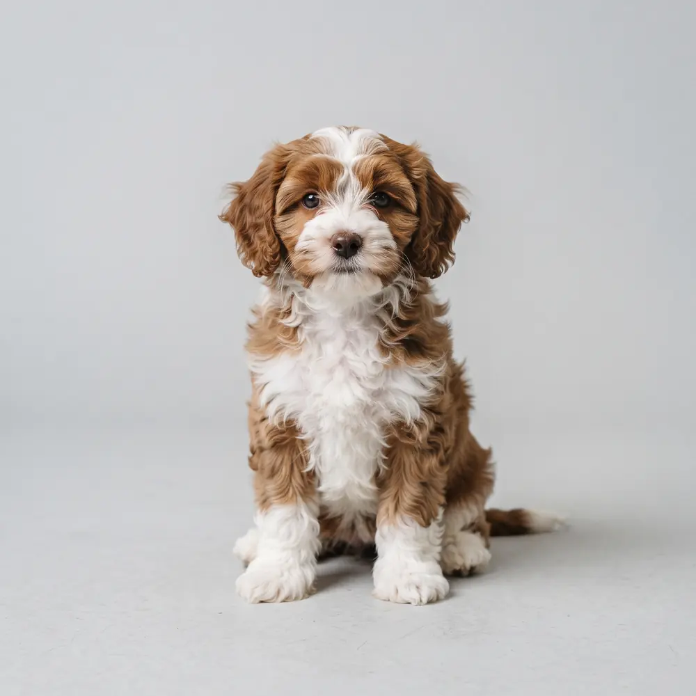 Illustration of a Cavapoo: white & brown coat. Not a photograph of a puppy for sale.