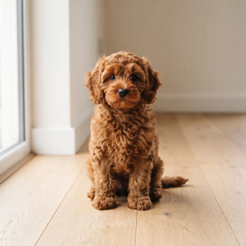 Illustration of a Cavapoo: red coat. Not a photograph of a puppy for sale.