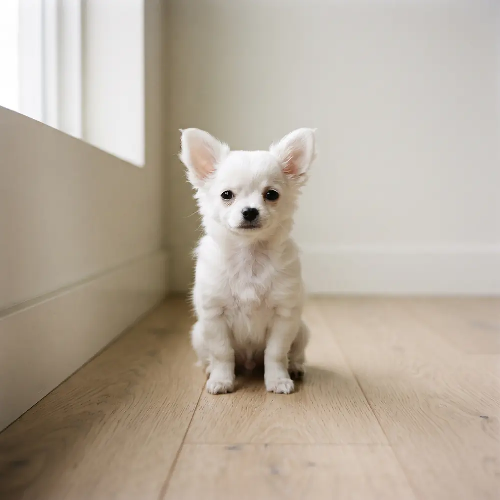 Illustration of a Chihuahua: white coat. Not a photograph of a puppy for sale.