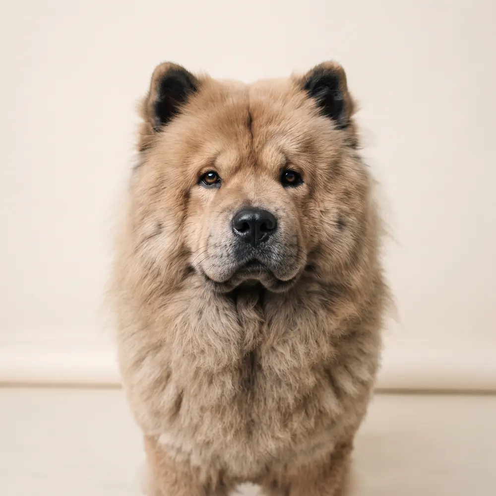 Illustration of a Chow Chow: head, ears and muzzle up close. Not a photograph of a puppy for sale.