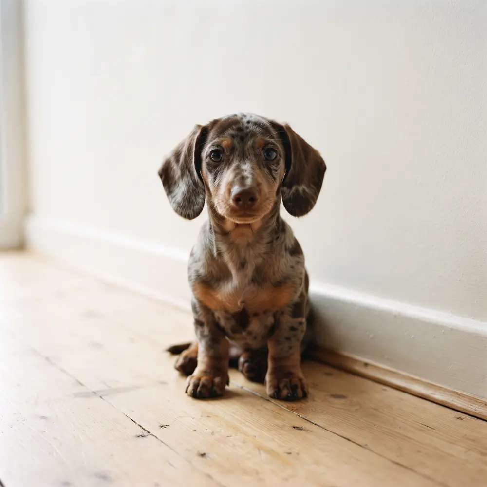 Illustration of a Dachshund: dapple coat. Not a photograph of a puppy for sale.