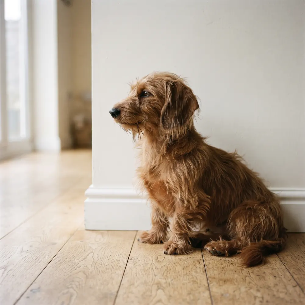 Illustration of a Dachshund: the coat between grooms. Not a photograph of a puppy for sale.