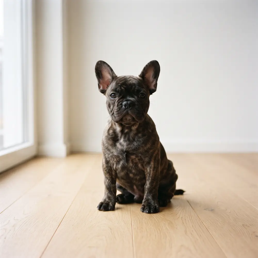 Illustration of a French Bulldog: brindle coat. Not a photograph of a puppy for sale.