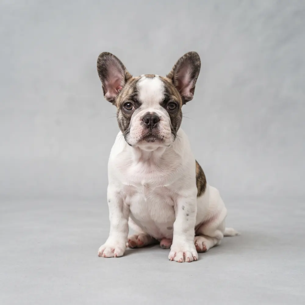 Illustration of a French Bulldog: pied coat. Not a photograph of a puppy for sale.