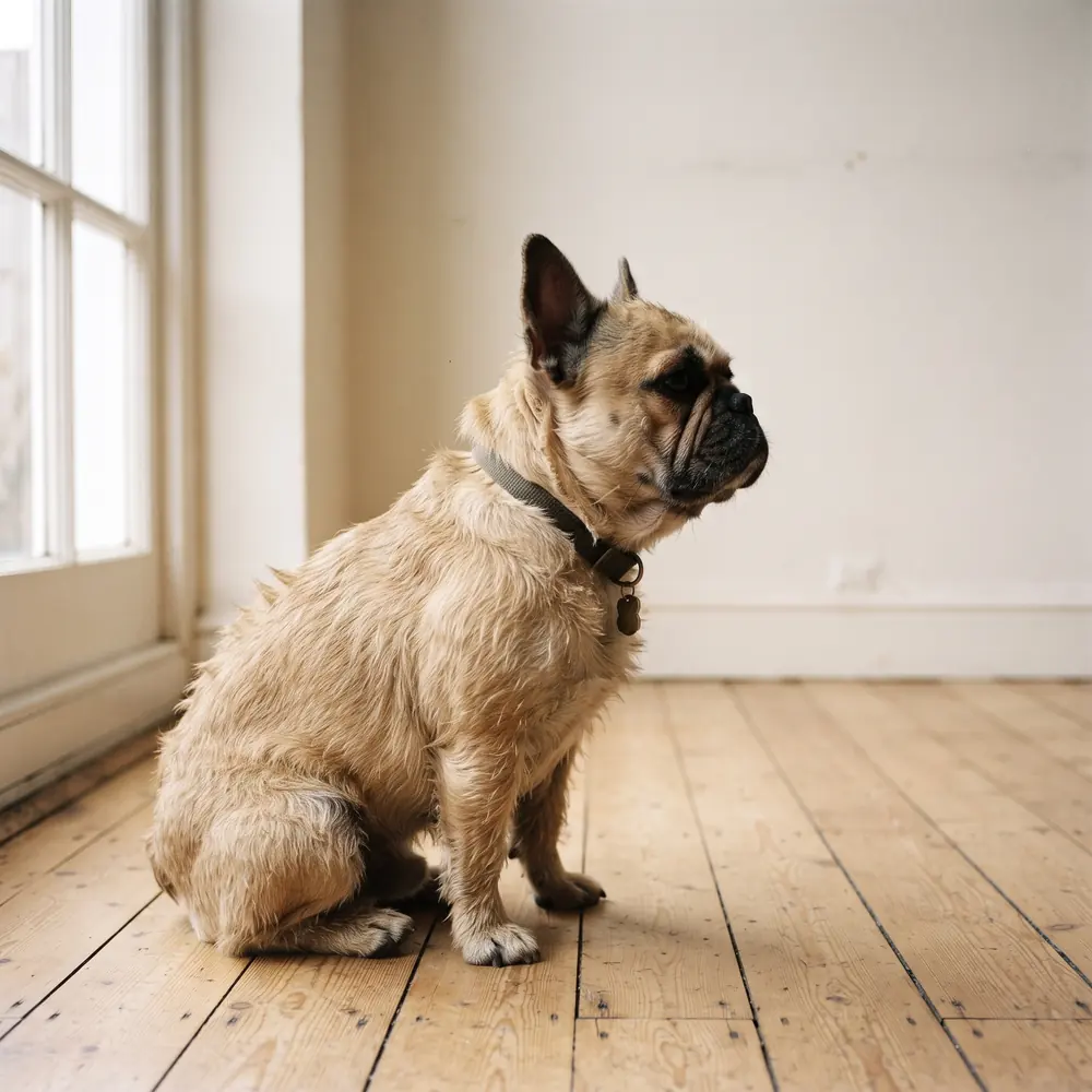 Illustration of a French Bulldog: the coat between grooms. Not a photograph of a puppy for sale.