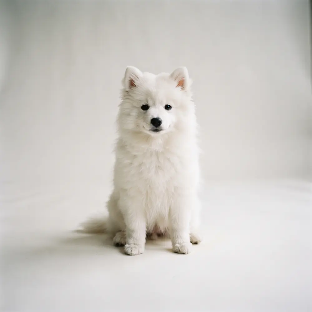 Illustration of a Japanese Spitz: bright white coat. Not a photograph of a puppy for sale.