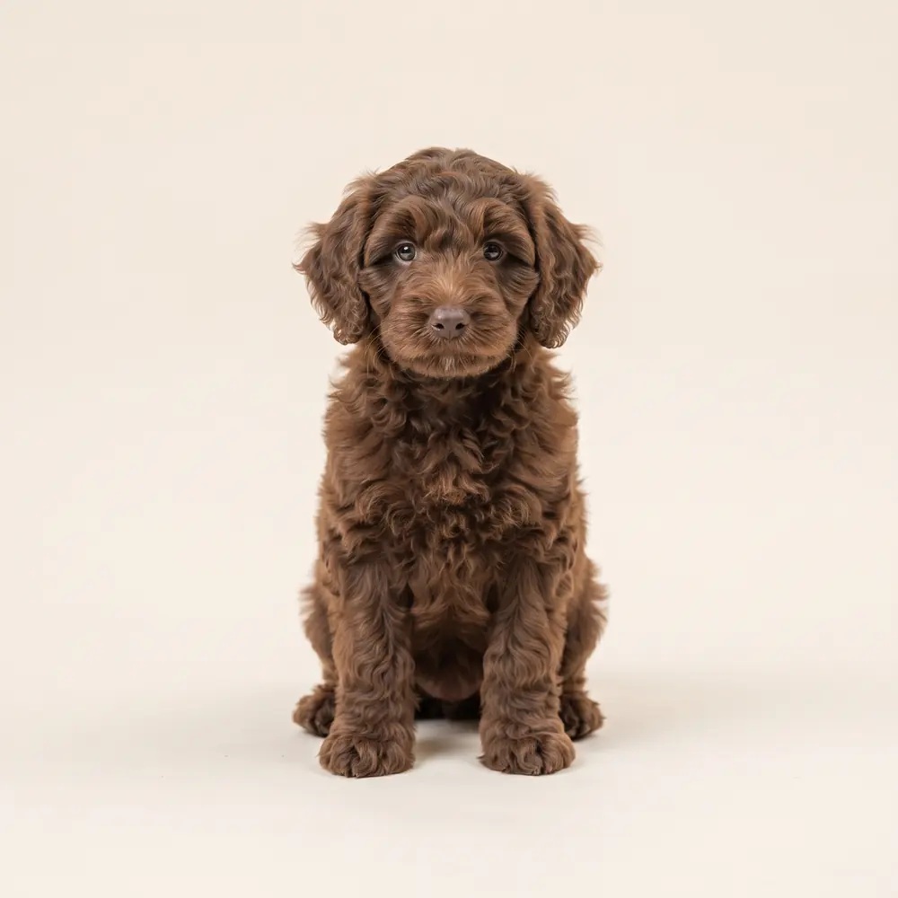 Illustration of a Labradoodle: chocolate coat. Not a photograph of a puppy for sale.