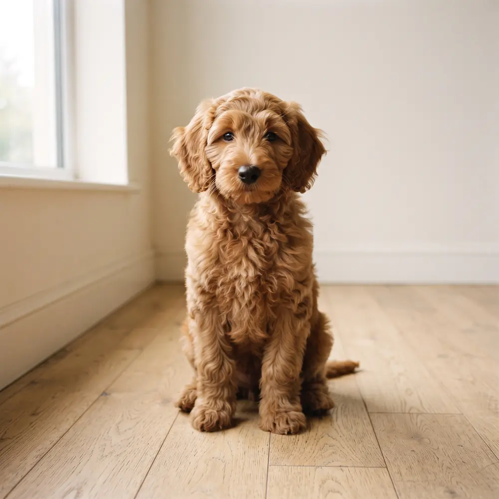 Illustration of a Labradoodle: caramel coat. Not a photograph of a puppy for sale.