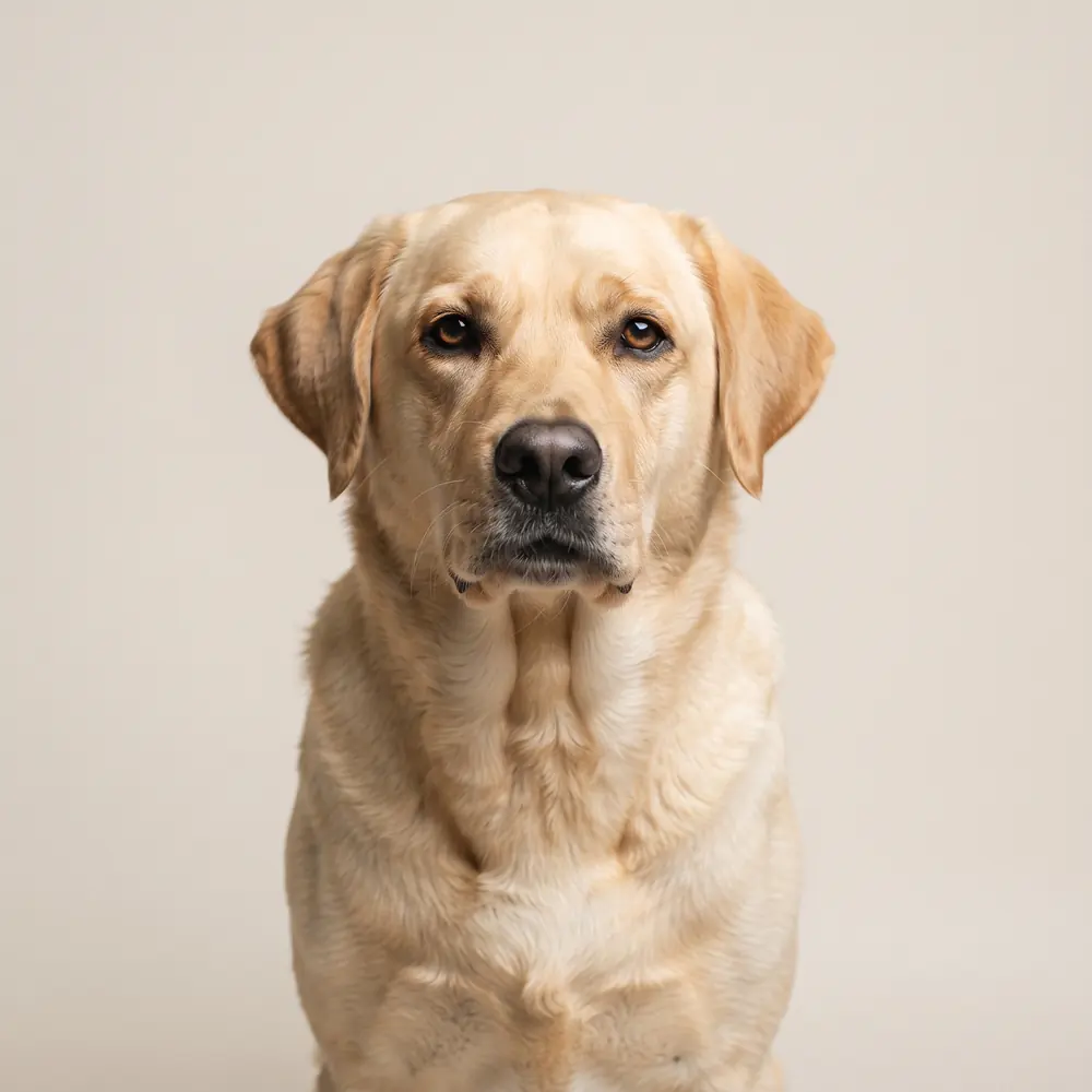 Illustration of a Labrador Retriever: head, ears and muzzle up close. Not a photograph of a puppy for sale.