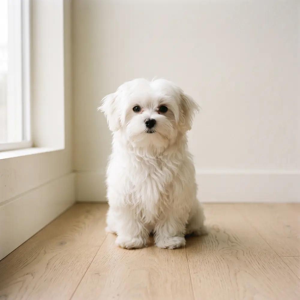 Illustration of a Maltese: pearl white coat. Not a photograph of a puppy for sale.