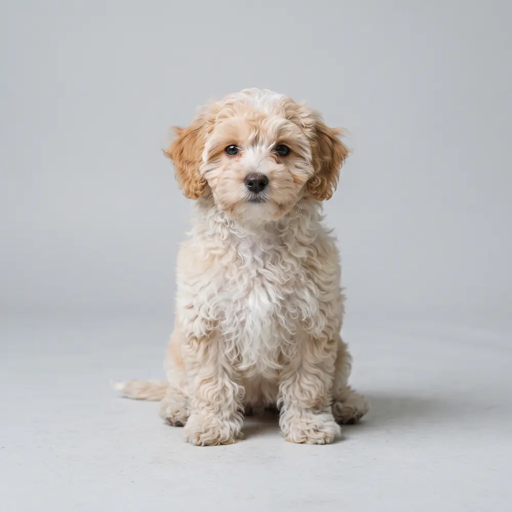 Illustration of a Maltipoo: white & apricot coat. Not a photograph of a puppy for sale.