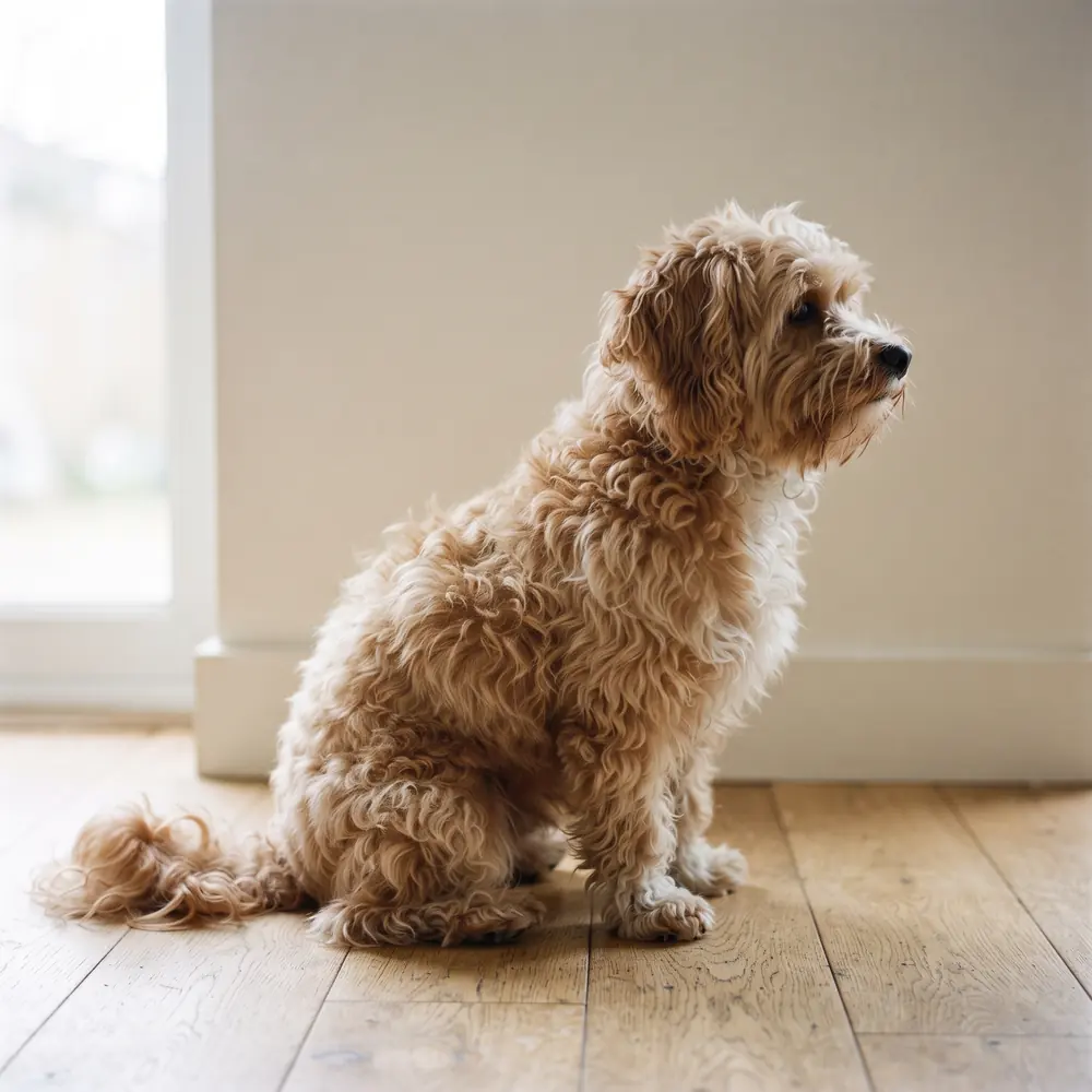 Illustration of a Maltipoo: the coat between grooms. Not a photograph of a puppy for sale.