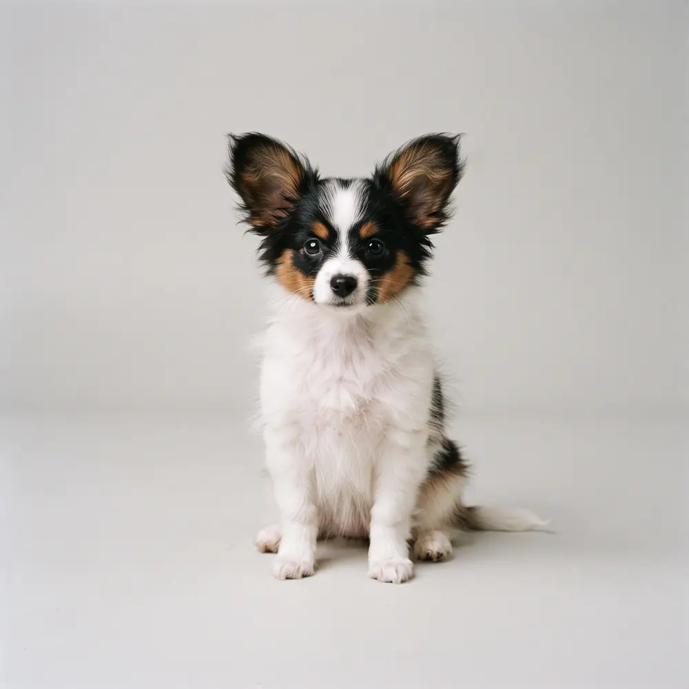 Illustration of a Papillon: tri-colour coat. Not a photograph of a puppy for sale.