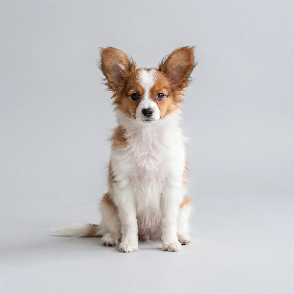 Illustration of a Papillon: white & red coat. Not a photograph of a puppy for sale.