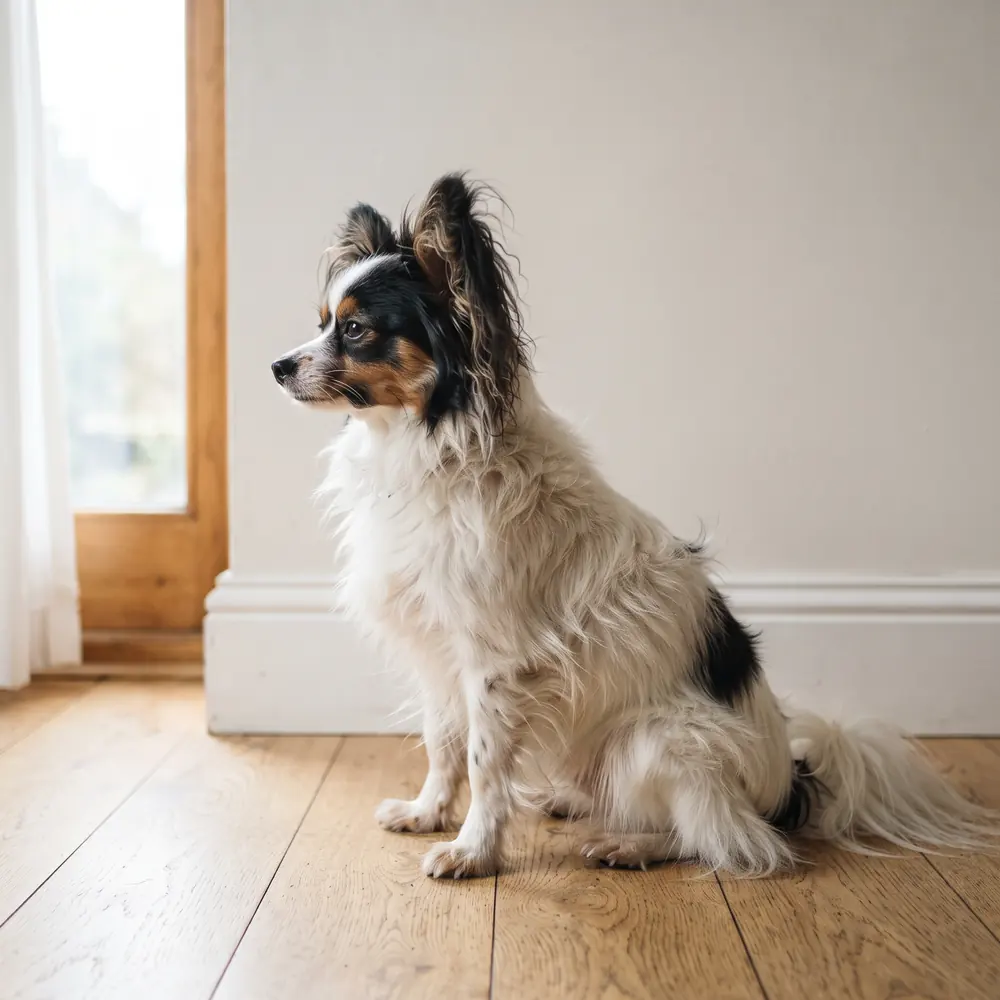 Illustration of a Papillon: the coat between grooms. Not a photograph of a puppy for sale.