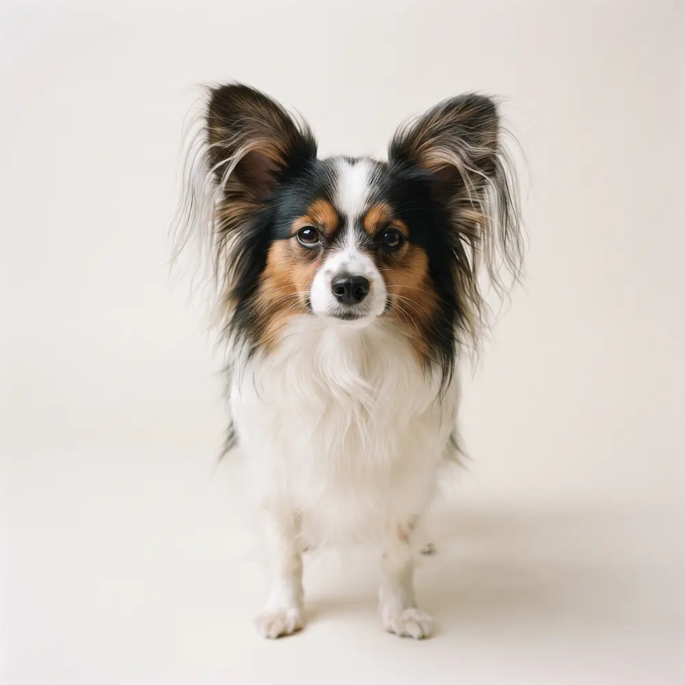Illustration of a Papillon: head, ears and muzzle up close. Not a photograph of a puppy for sale.