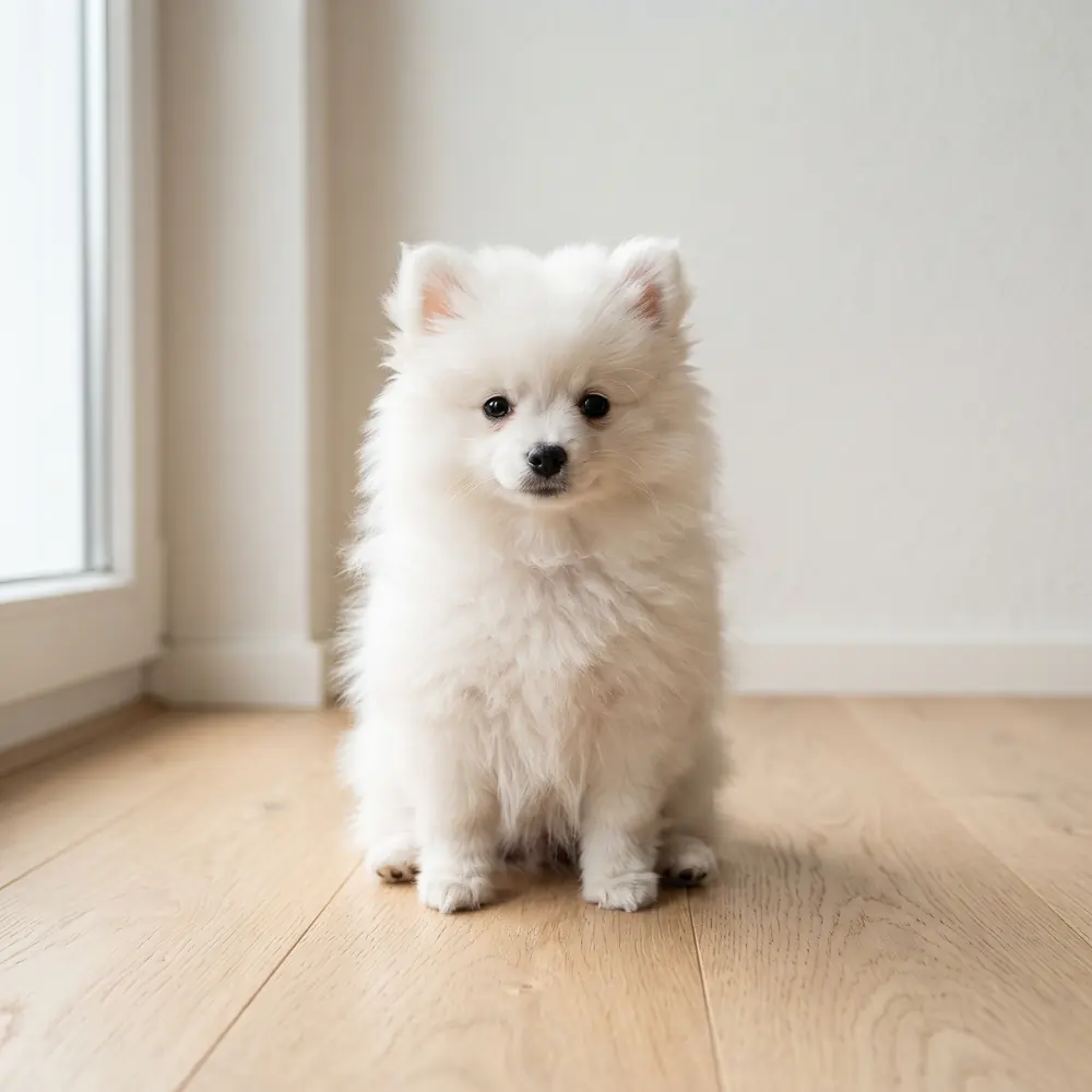 Illustration of a Pomeranian: white coat. Not a photograph of a puppy for sale.