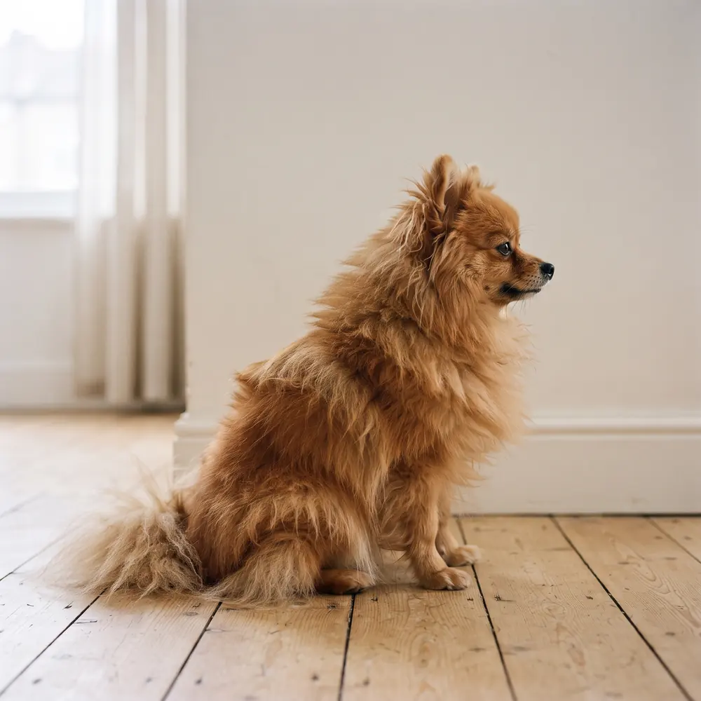 Illustration of a Pomeranian: the coat between grooms. Not a photograph of a puppy for sale.