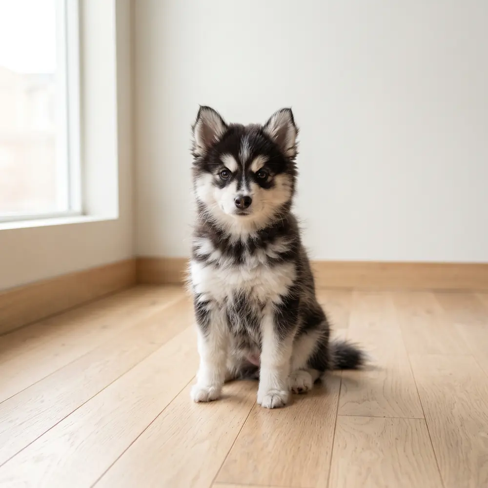 Illustration of a Pomsky: the breed standard colour coat. Not a photograph of a puppy for sale.