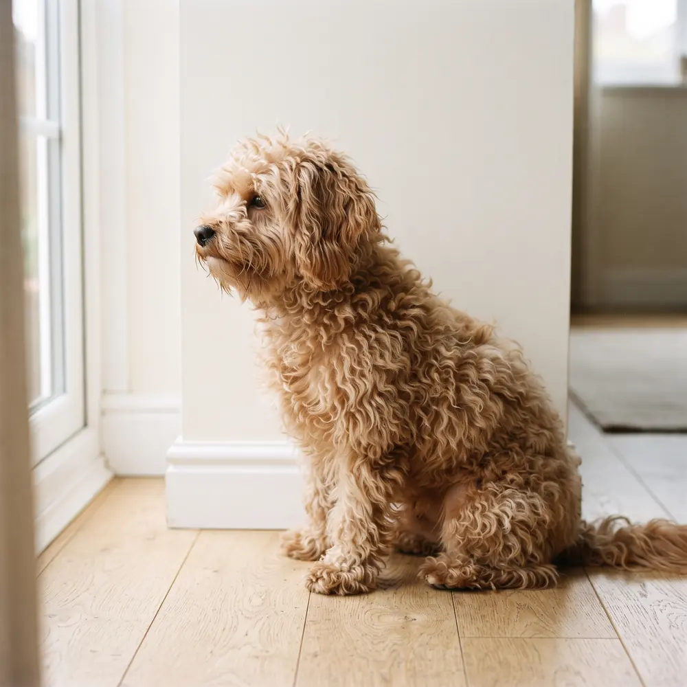 Illustration of a Poochon: the coat between grooms. Not a photograph of a puppy for sale.
