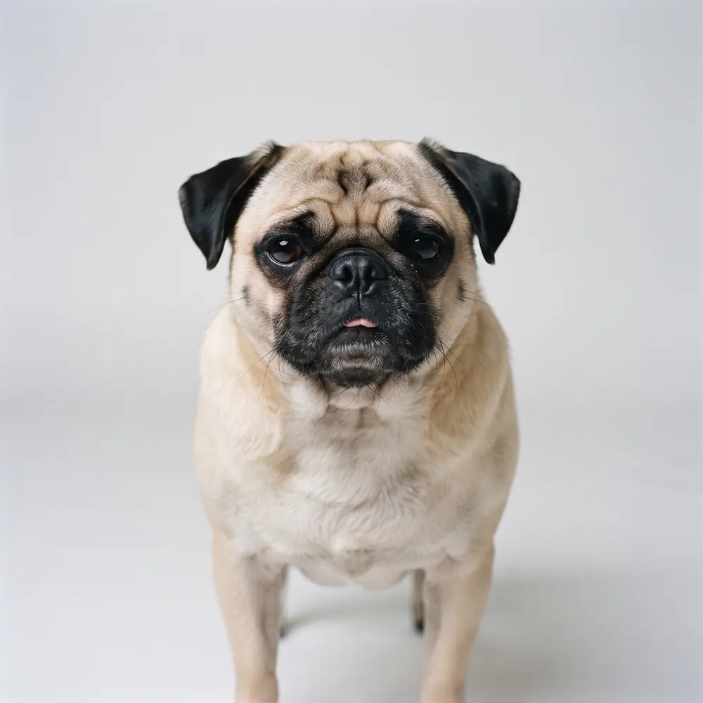 Illustration of a Pug: head, ears and muzzle up close. Not a photograph of a puppy for sale.