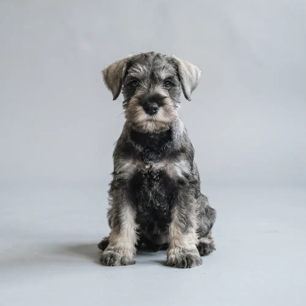 Illustration of a Miniature Schnauzer: salt & pepper coat. Not a photograph of a puppy for sale.