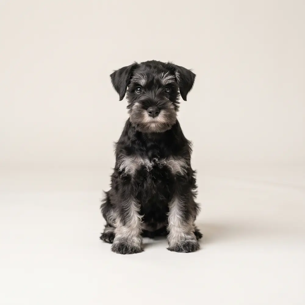 Illustration of a Miniature Schnauzer: black & silver coat. Not a photograph of a puppy for sale.