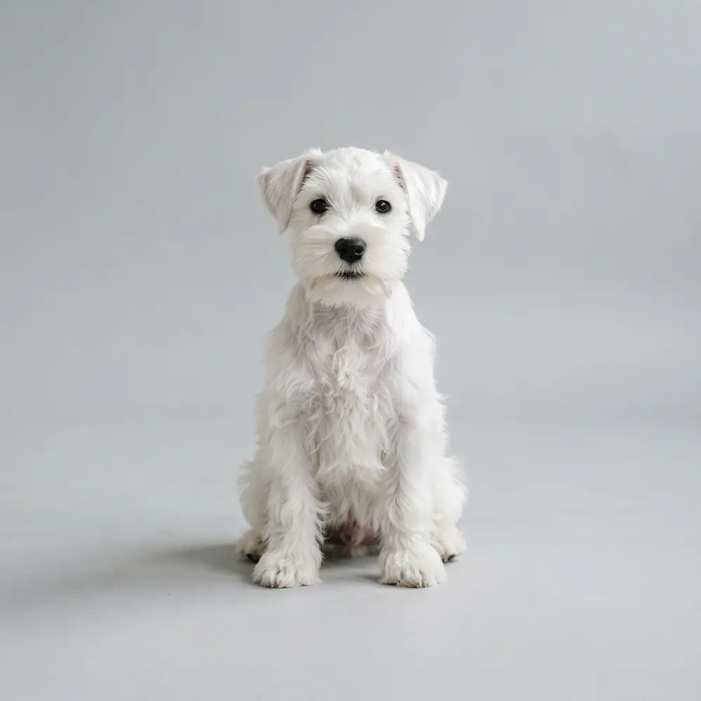 Illustration of a Miniature Schnauzer: white coat. Not a photograph of a puppy for sale.