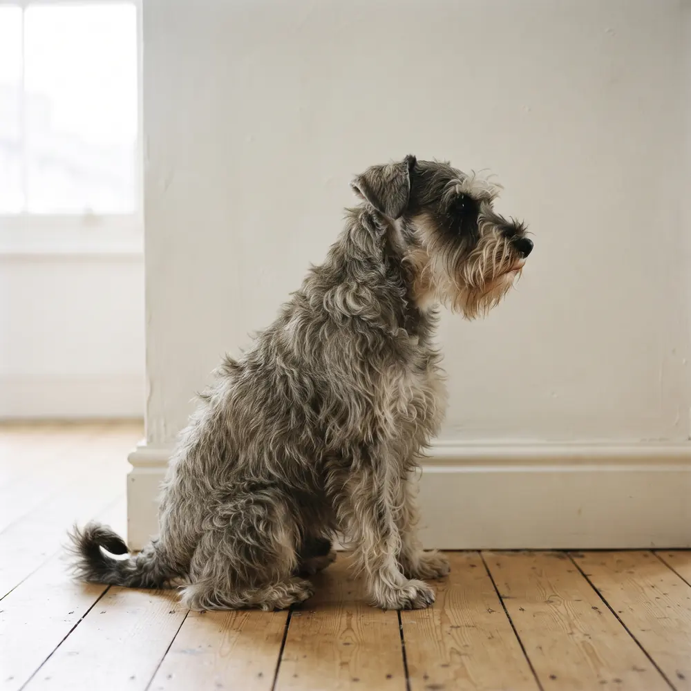 Illustration of a Miniature Schnauzer: the coat between grooms. Not a photograph of a puppy for sale.