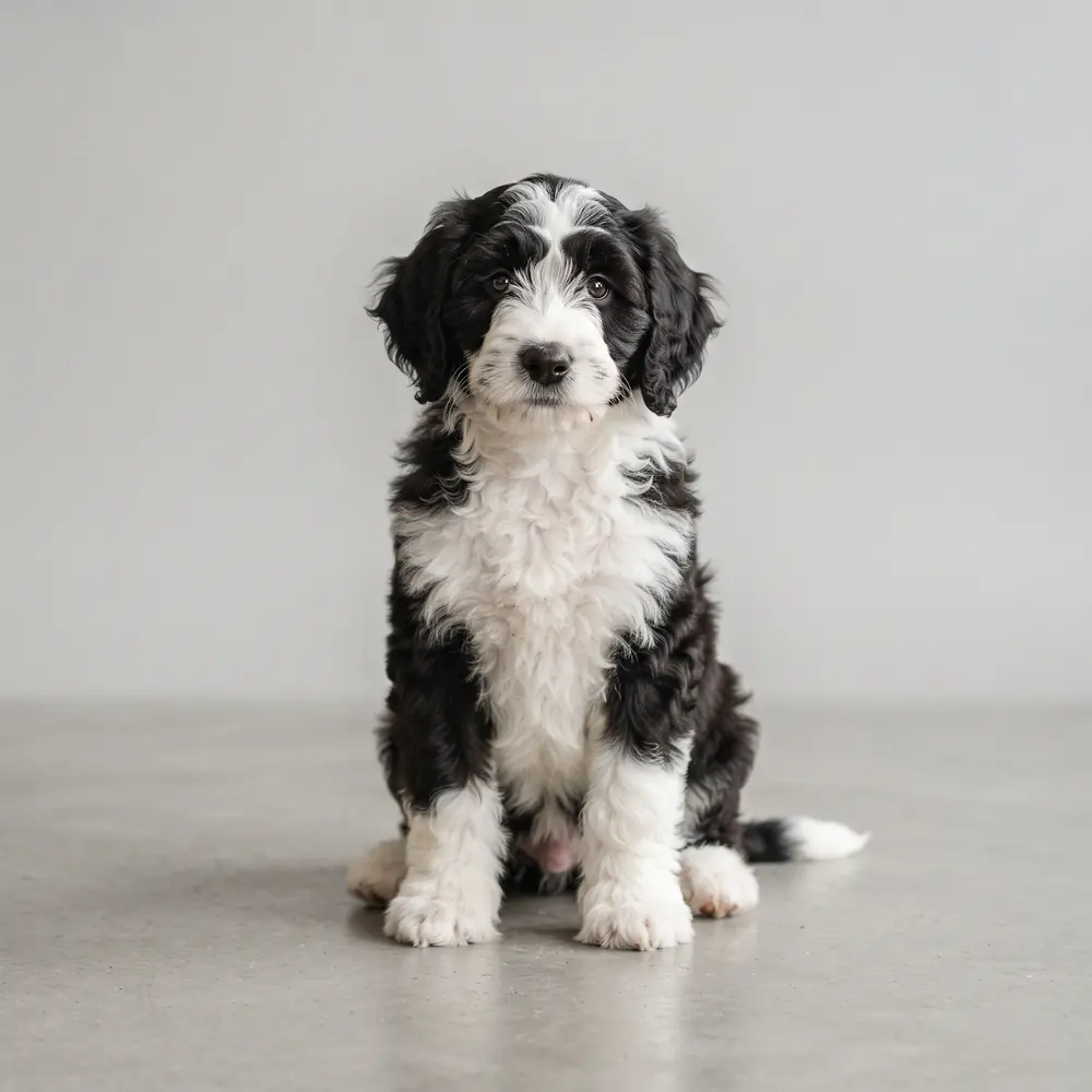 Illustration of a Sheepadoodle: the breed standard colour coat. Not a photograph of a puppy for sale.