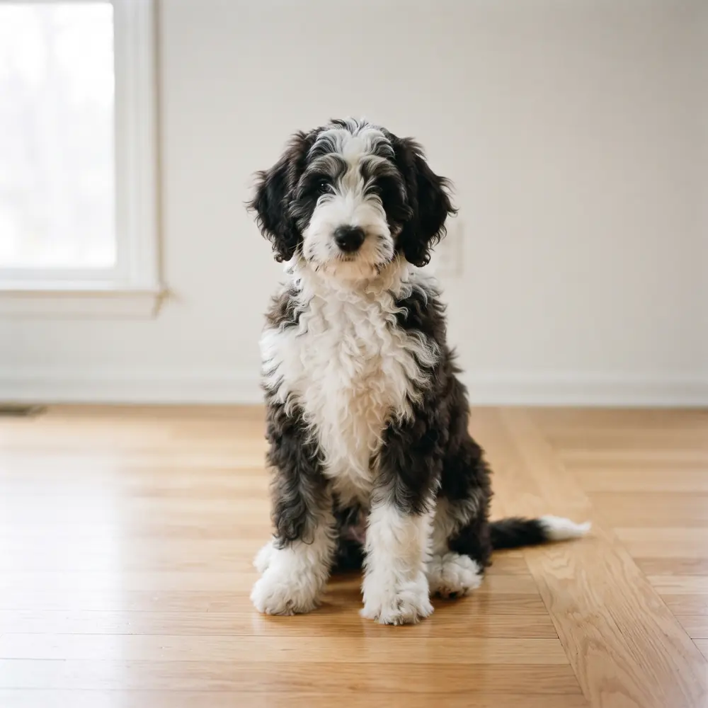 Illustration of a Sheepadoodle: the breed standard colour coat. Not a photograph of a puppy for sale.