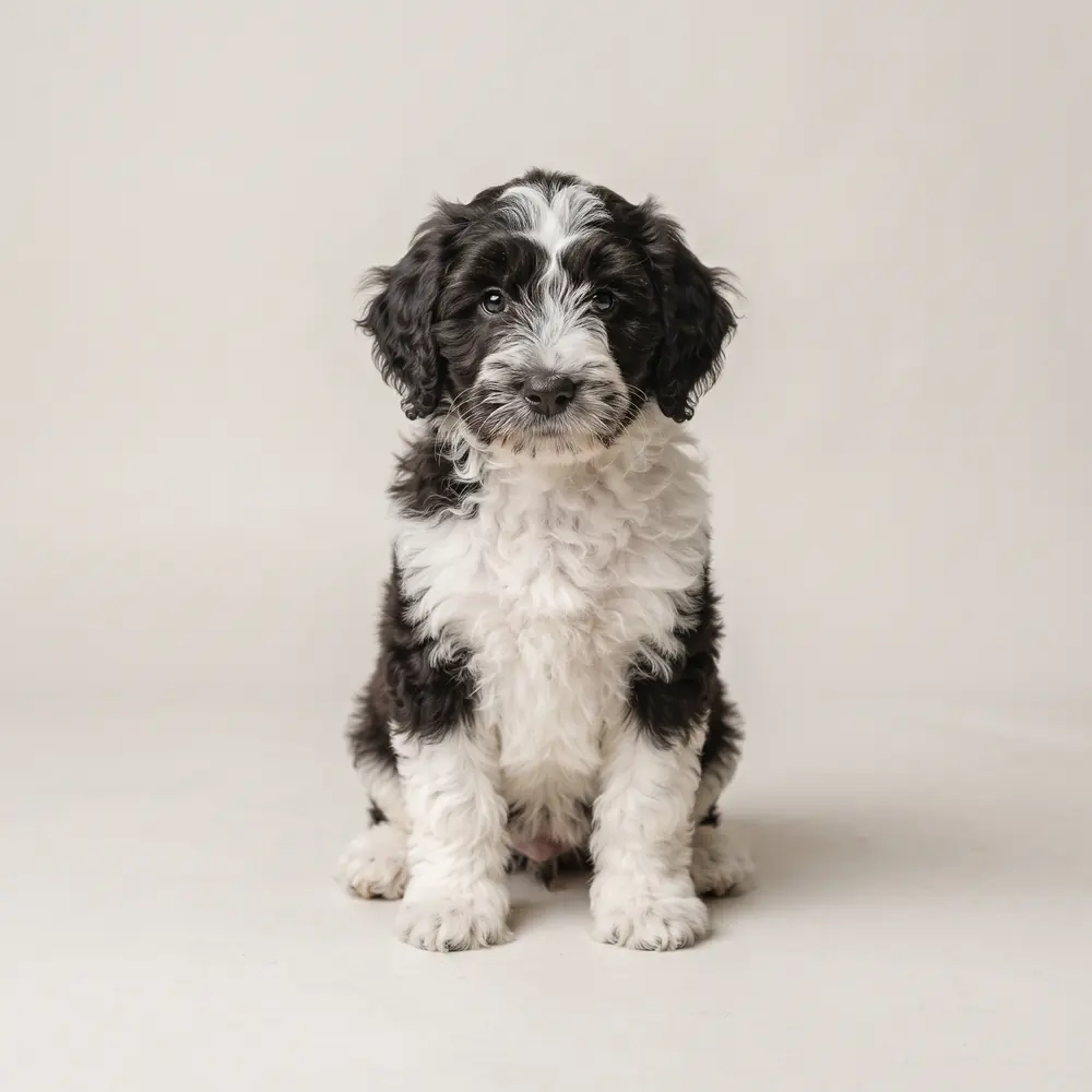 Illustration of a Sheepadoodle: the breed standard colour coat. Not a photograph of a puppy for sale.