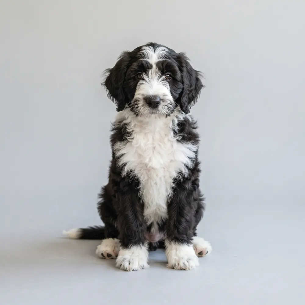 Illustration of a Sheepadoodle: the breed standard colour coat. Not a photograph of a puppy for sale.