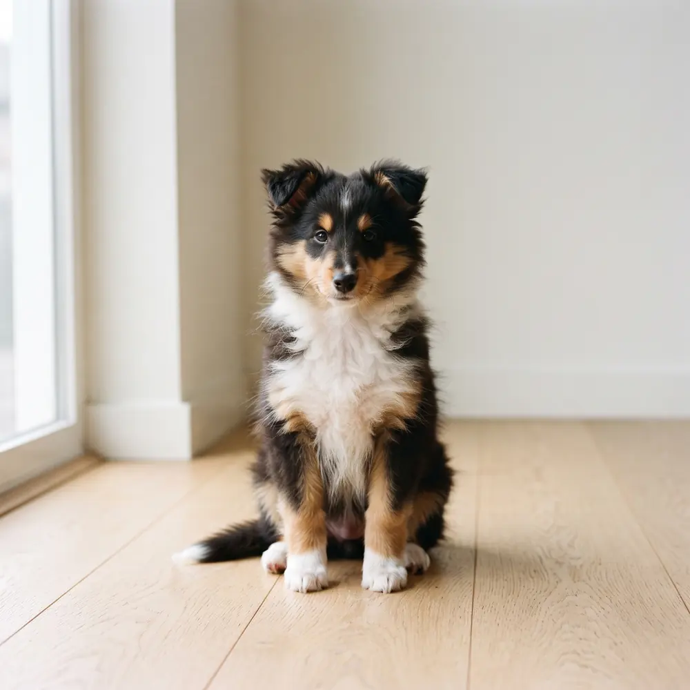 Illustration of a Shetland Sheepdog: tri-colour coat. Not a photograph of a puppy for sale.